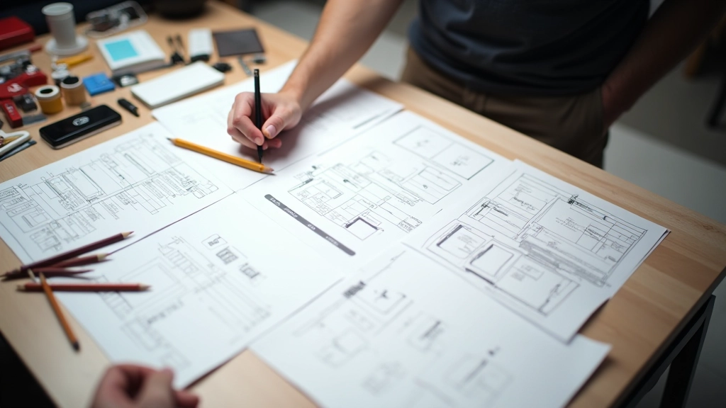 Design studio table with multiple prototype versions and testing materials spread out