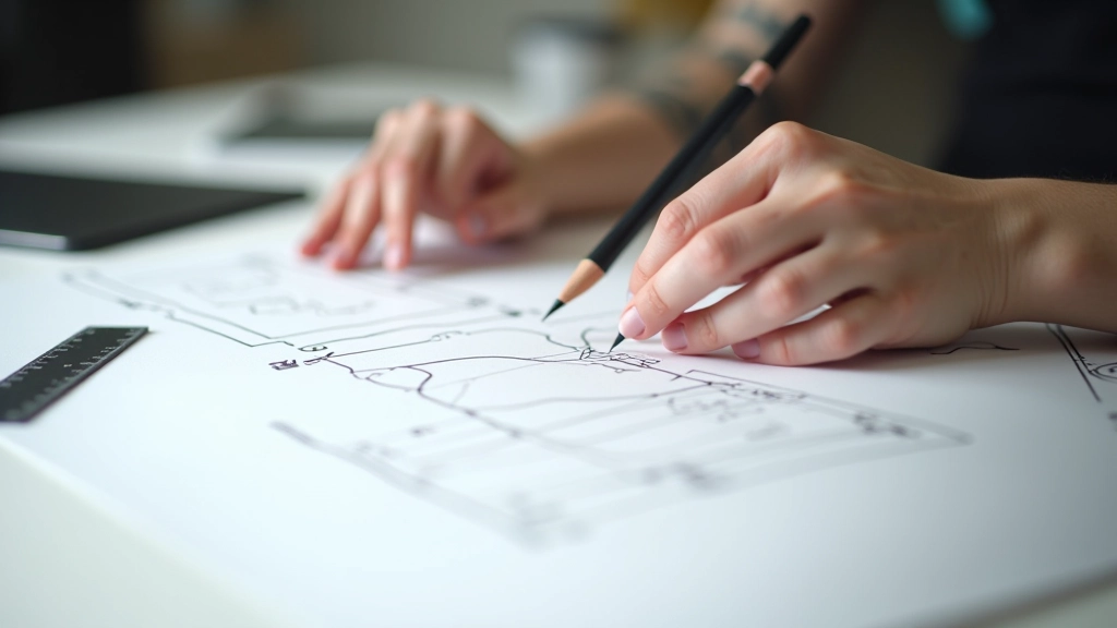 Designer's hand sketching wireframe on paper, showing interaction design sketches