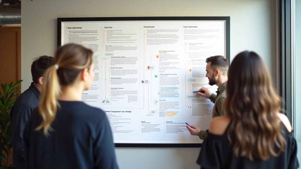 Large printed user journey map on wall showing customer touchpoints and emotions