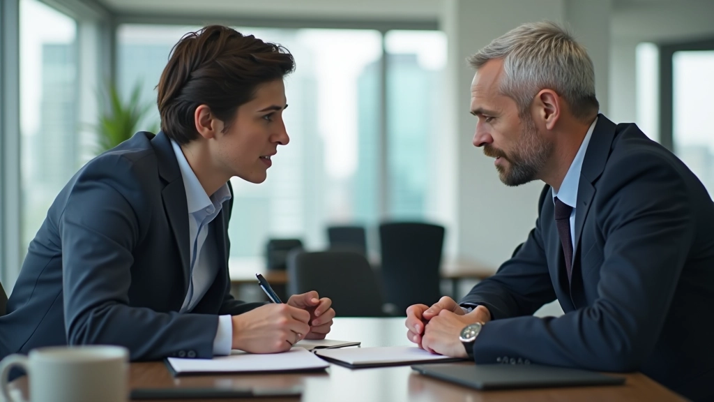 Two people meeting in modern office space having a conversation, one person taking notes while the other speaks